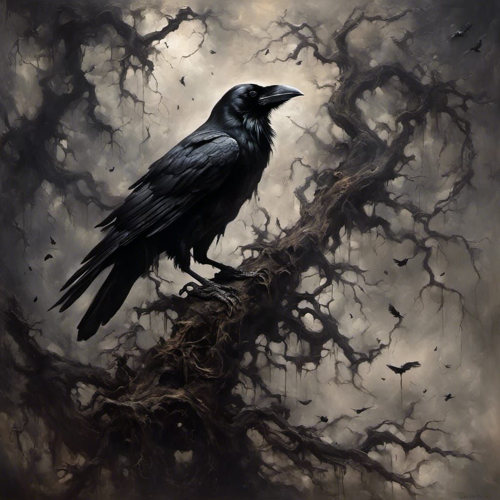 Raven in Dark Tree with Black Smoke
