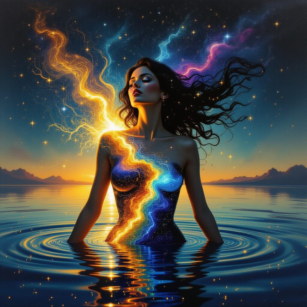 Woman Dissolves Into Cosmic Energy in Surreal Style