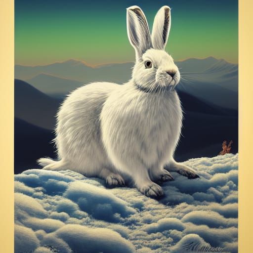 Arctic Hare on Snowy Mountain in Japanese Art Style
