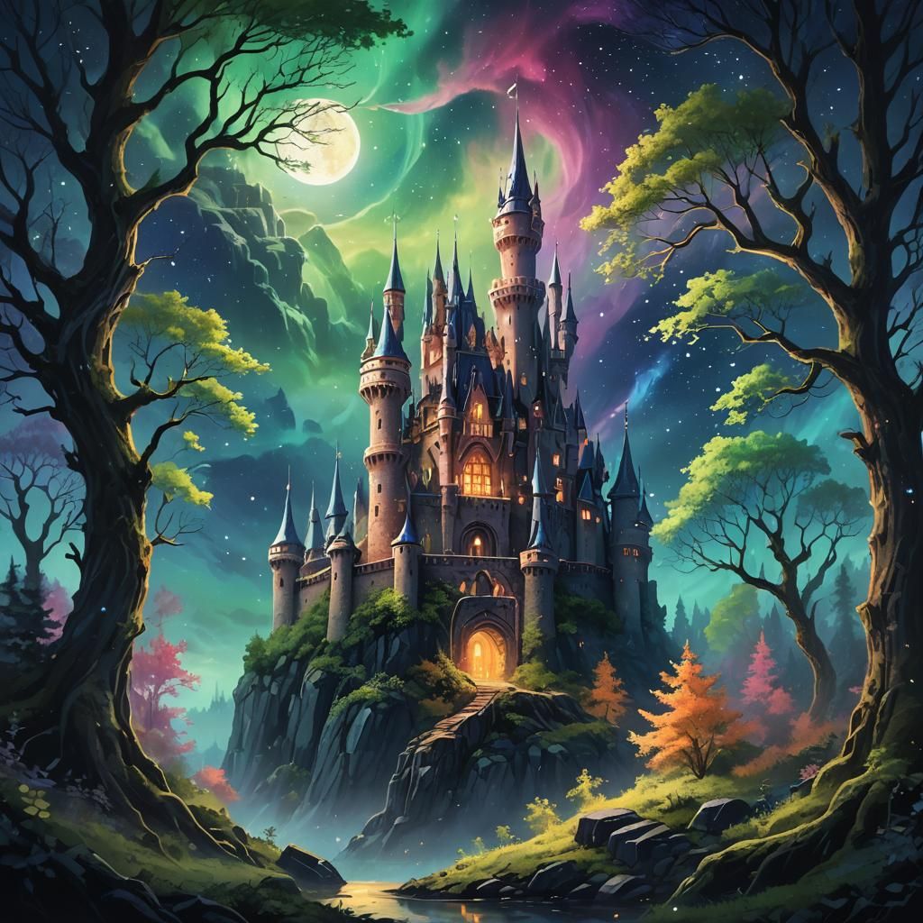 Enchanted Castle in Forest Under Aurora Sky