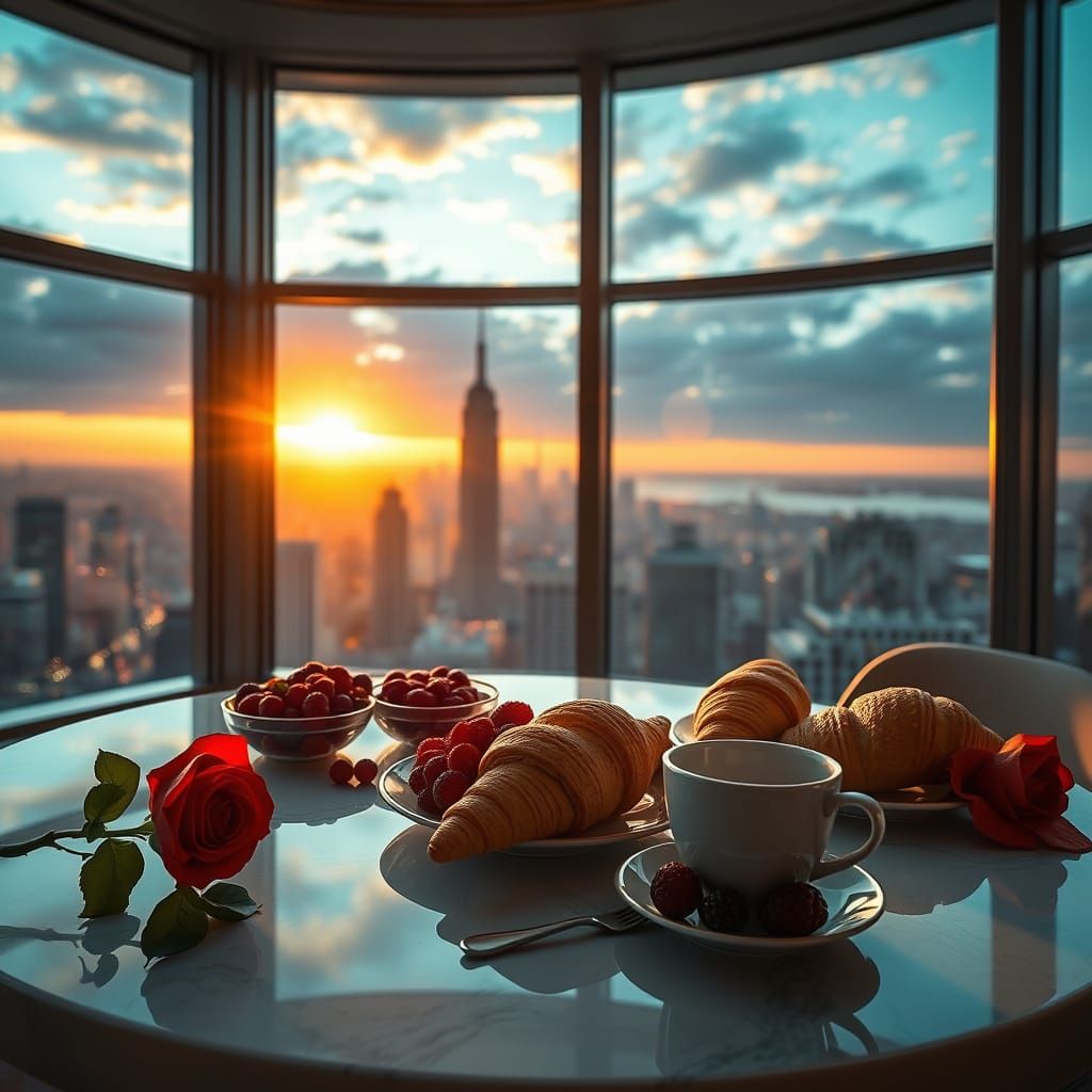 Luxurious Penthouse Breakfast Table in Vibrant Sunrise Color...