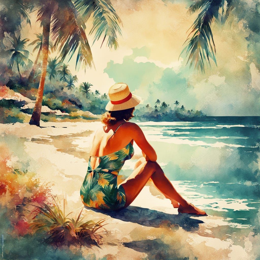 woman in a swim suit, kneeling on a beach near the ocean