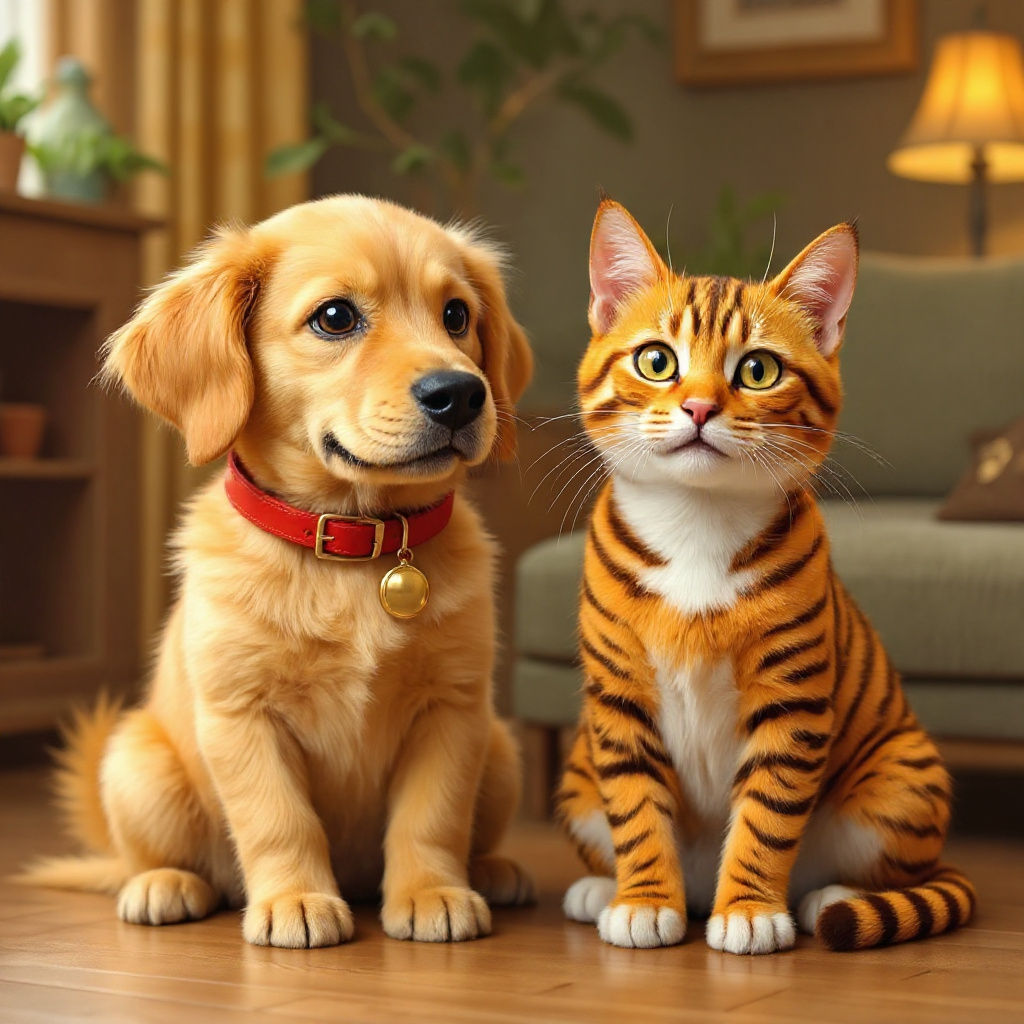 Playful Golden Retriever and Arrogant Striped Cat