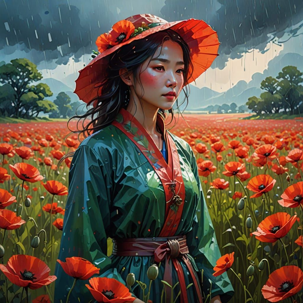 Lady in Poppy Field: Feng Zhu-Style Digital Art