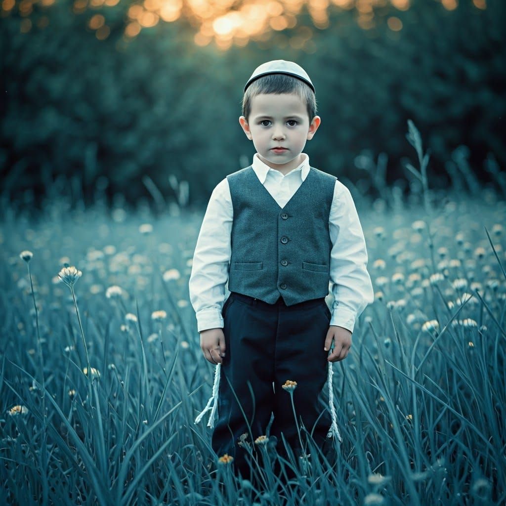 Young Haredi Boy Amidst Verdant Wildflowers in Golden Hour C...