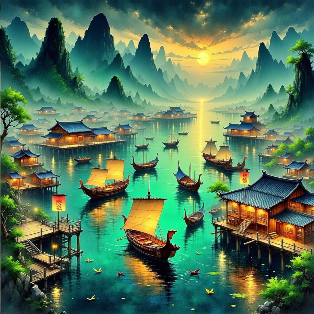 Ethereal Fantasy Chinese Harbor with Junk Ships
