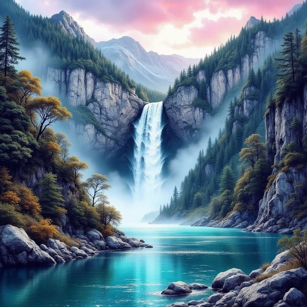 Ethereal Waterfall Cascade Amidst Fiordic Cliffs in a Dreamy...