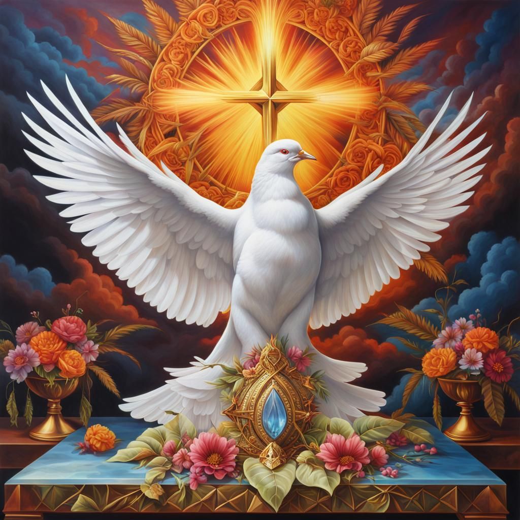 Armored Dove on Crystal Altar in Hyperreal Detail