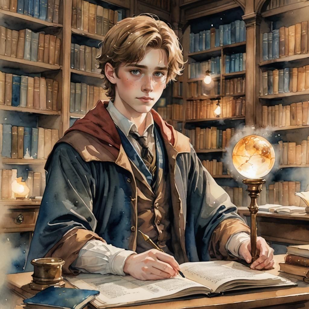 Teenage Wizard in Library, Watercolor Sketch