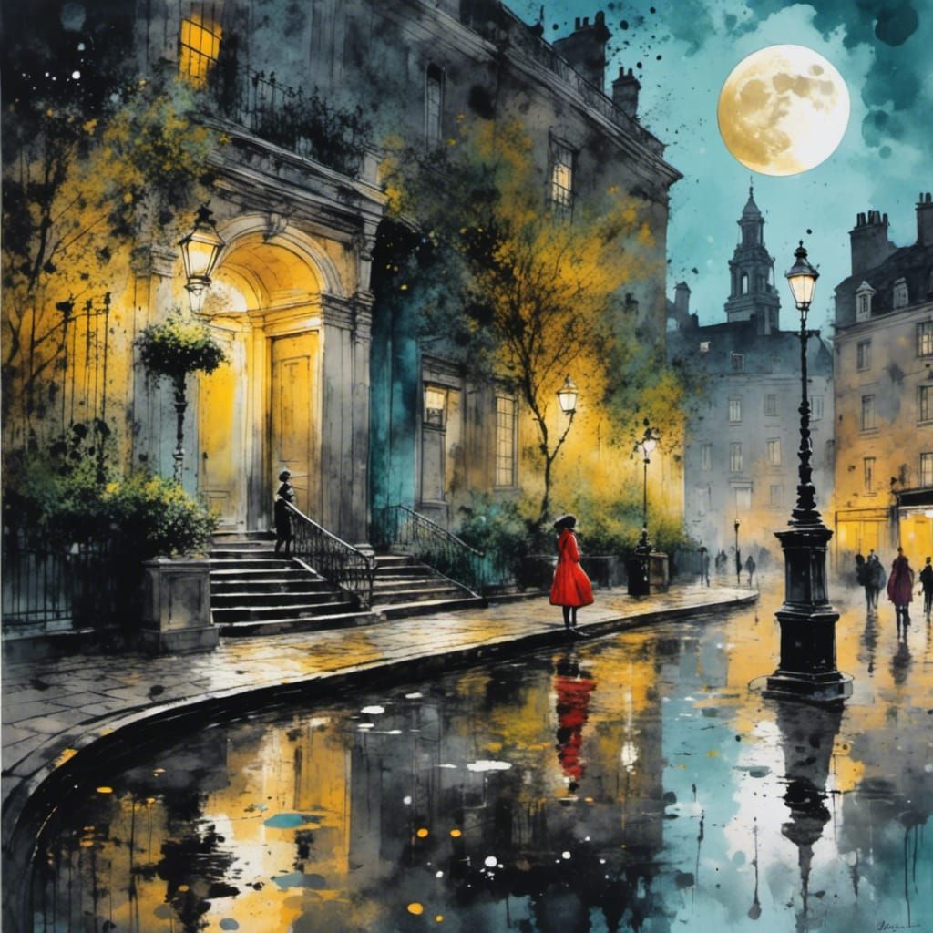 Victorian London Night Scene in Gouache Watercolor