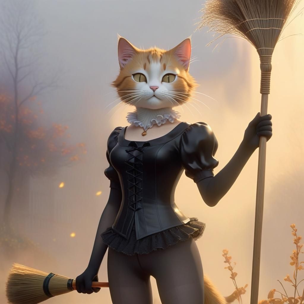 Katz with body design of a cat cleaning lady dressed in tigh...