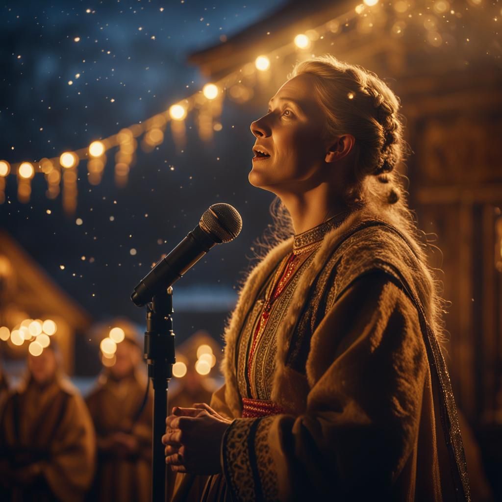 Nordic Woman Singing in Misty, Starry Night