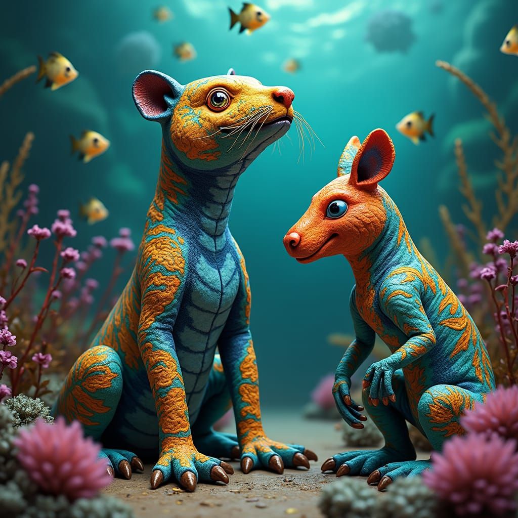 Underwater Alebrije Tiger and Armadillo in Fantasy Style