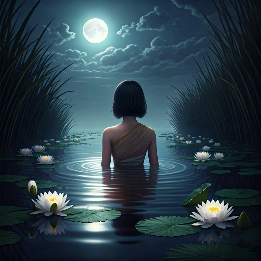 Serene Thai Woman Bathes Under Full Moonlight