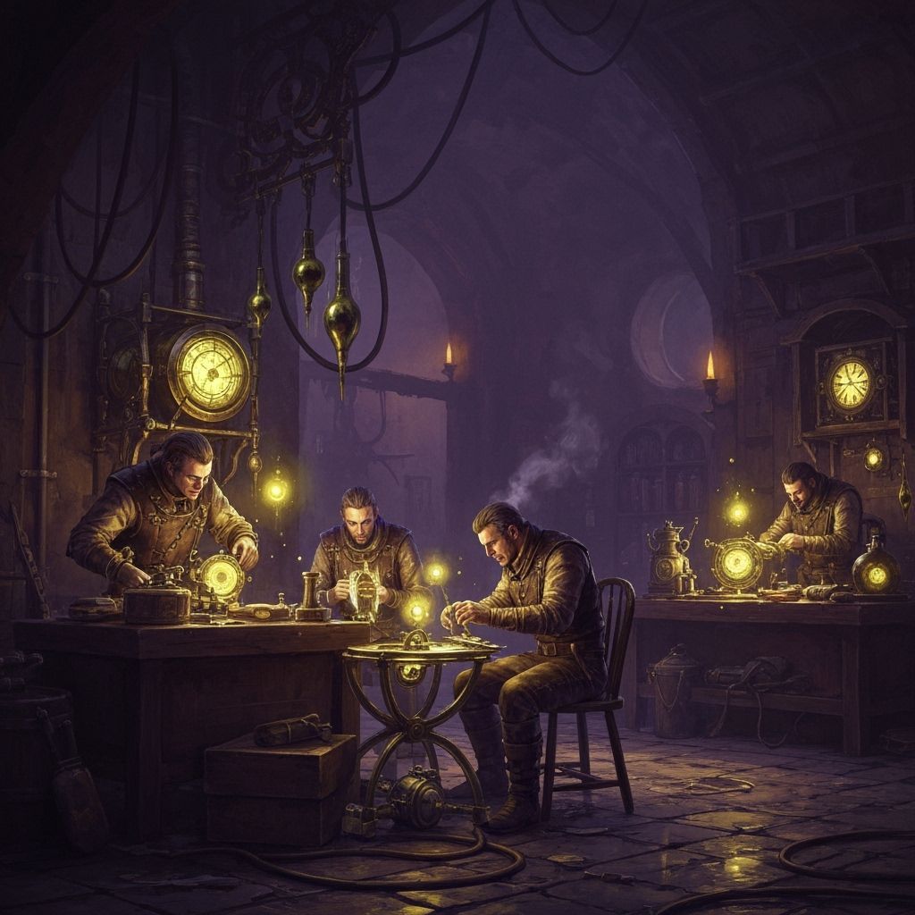 Clockwork Repair in a Dark Fantasy Workshop