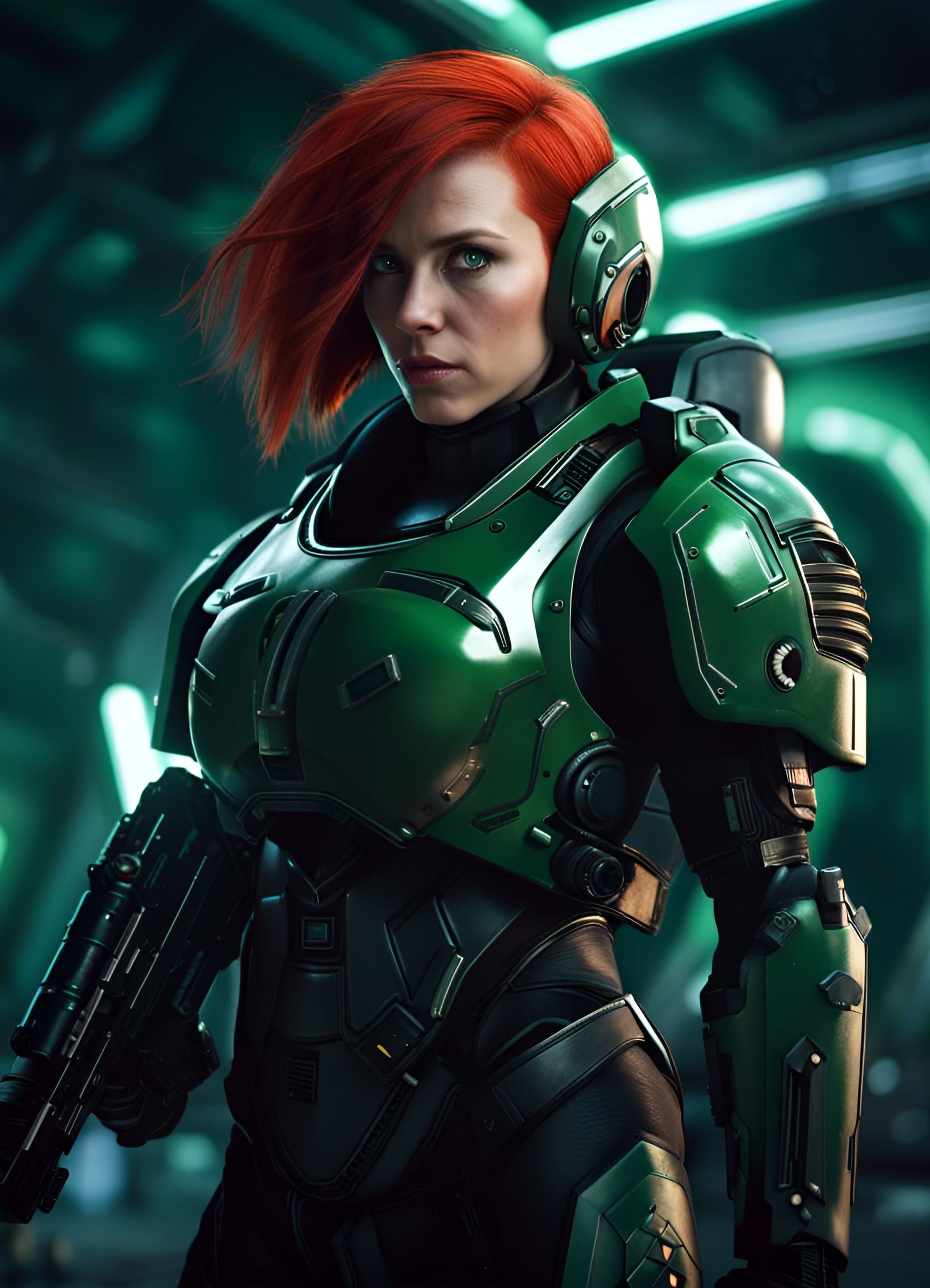 Red-Haired Space Marine in Futuristic Base