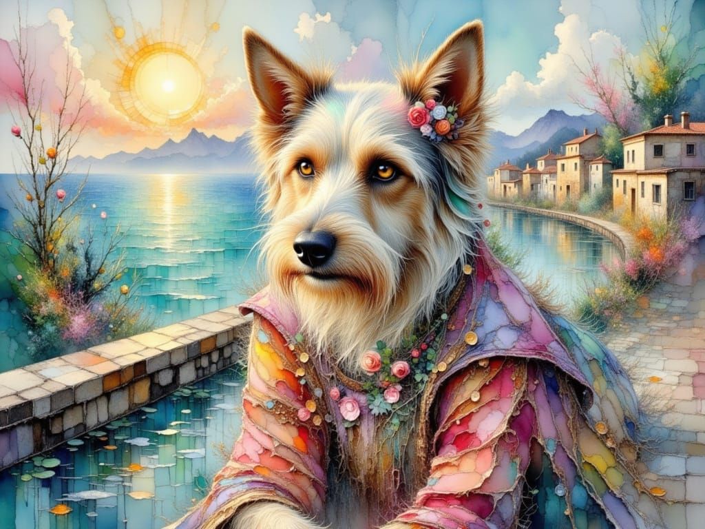 Shaggy Dog Portrait in Art Nouveau Impasto Style