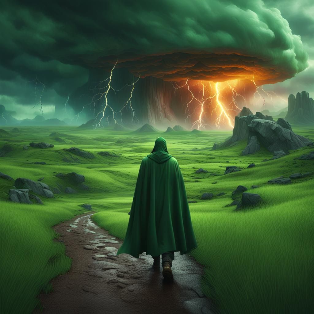 Ominous Green Landscape with Cloaked Figure