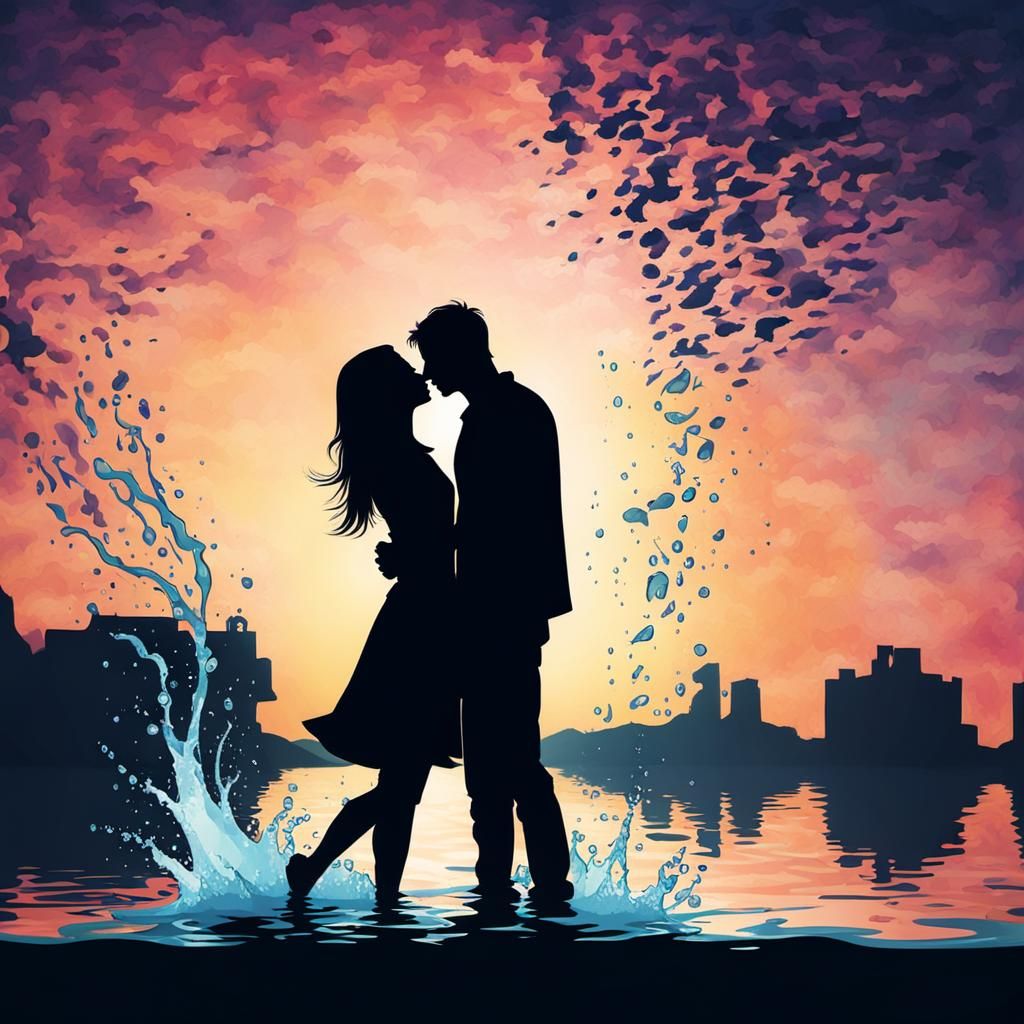 Silhouetted Couple in Water at Sunset