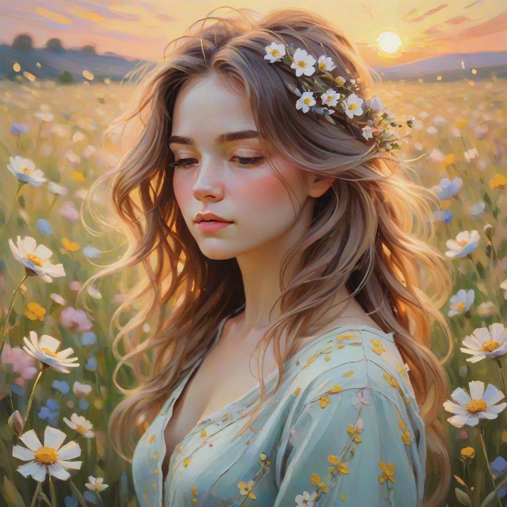 Ethereal Woman in Floral Field: Impasto Painting