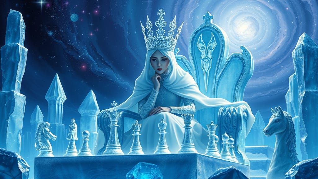 Regal Snow Queen Contemplates Chess in Celestial Castle