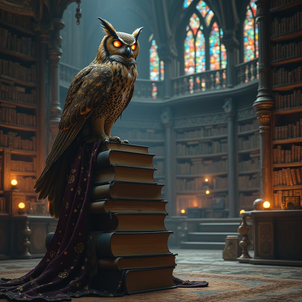 An owl in a library.