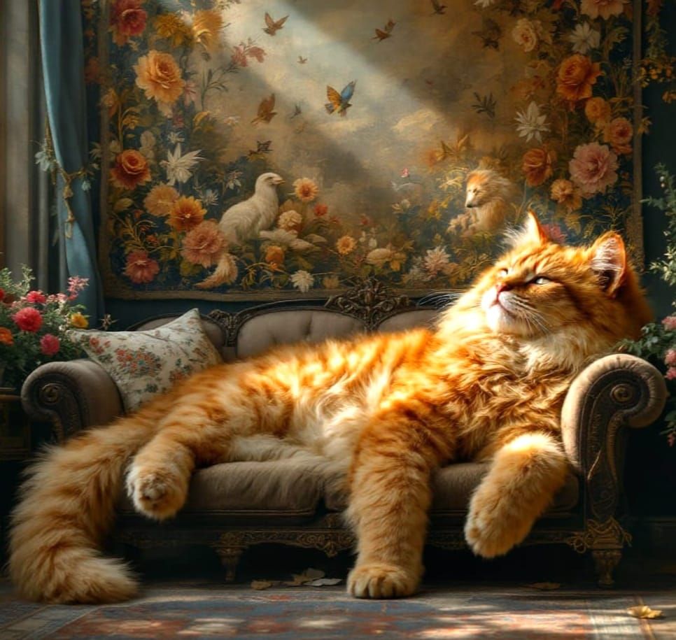 Ginger Cat Surrounded by Medieval Tapestry in Ethereal Fanta...