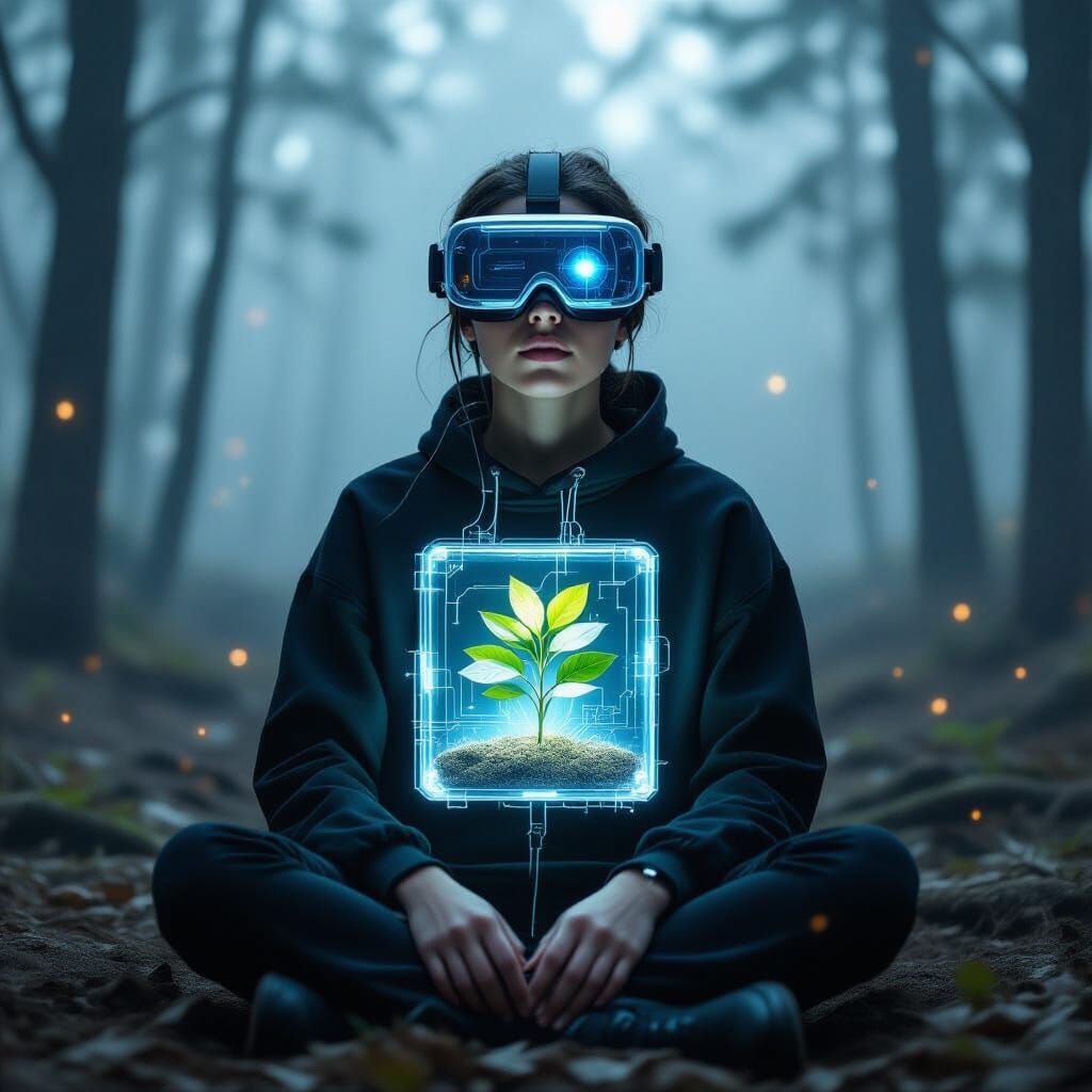 Biomechanical Being with Plant Heart in Foggy Forest