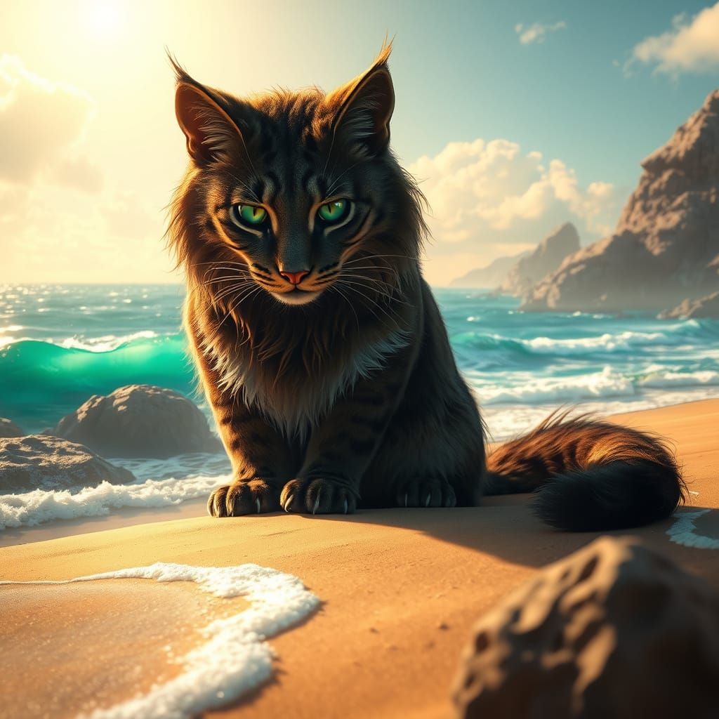 Regal Feline Contemplates Ocean Secrets in a Fantasy Beach S...