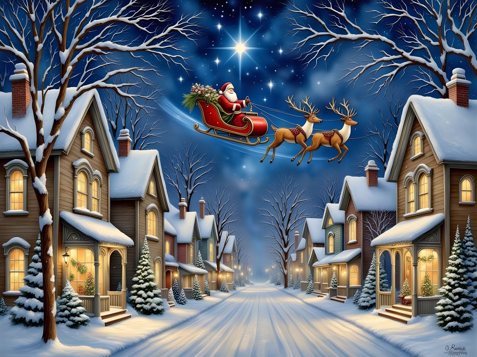 Cozy Christmas Eve Street Scene with Santa Soaring