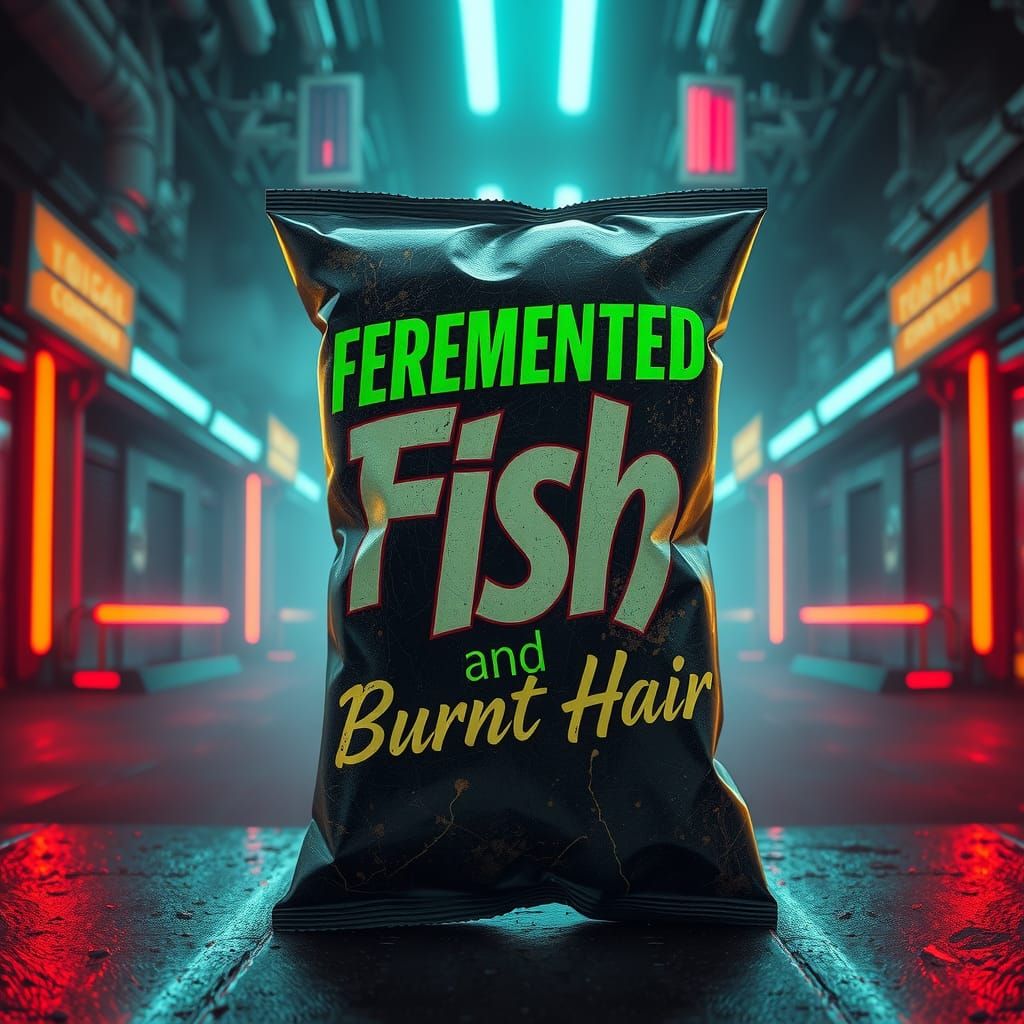 Retro-Futuristic Crisp Packet in Neon Green and Dark Cyberpu...