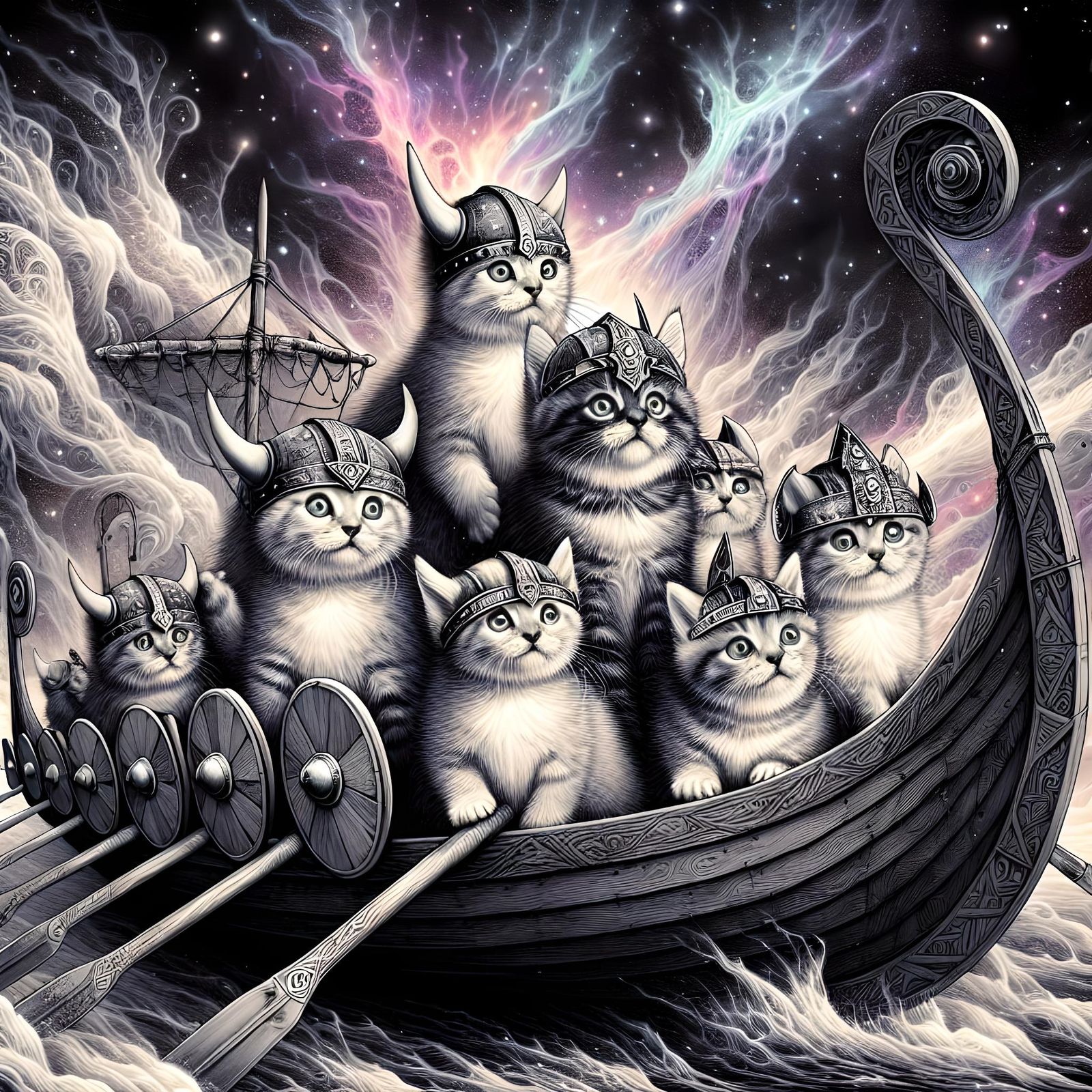 Viking Kittens on Longboat with Star Nebulas