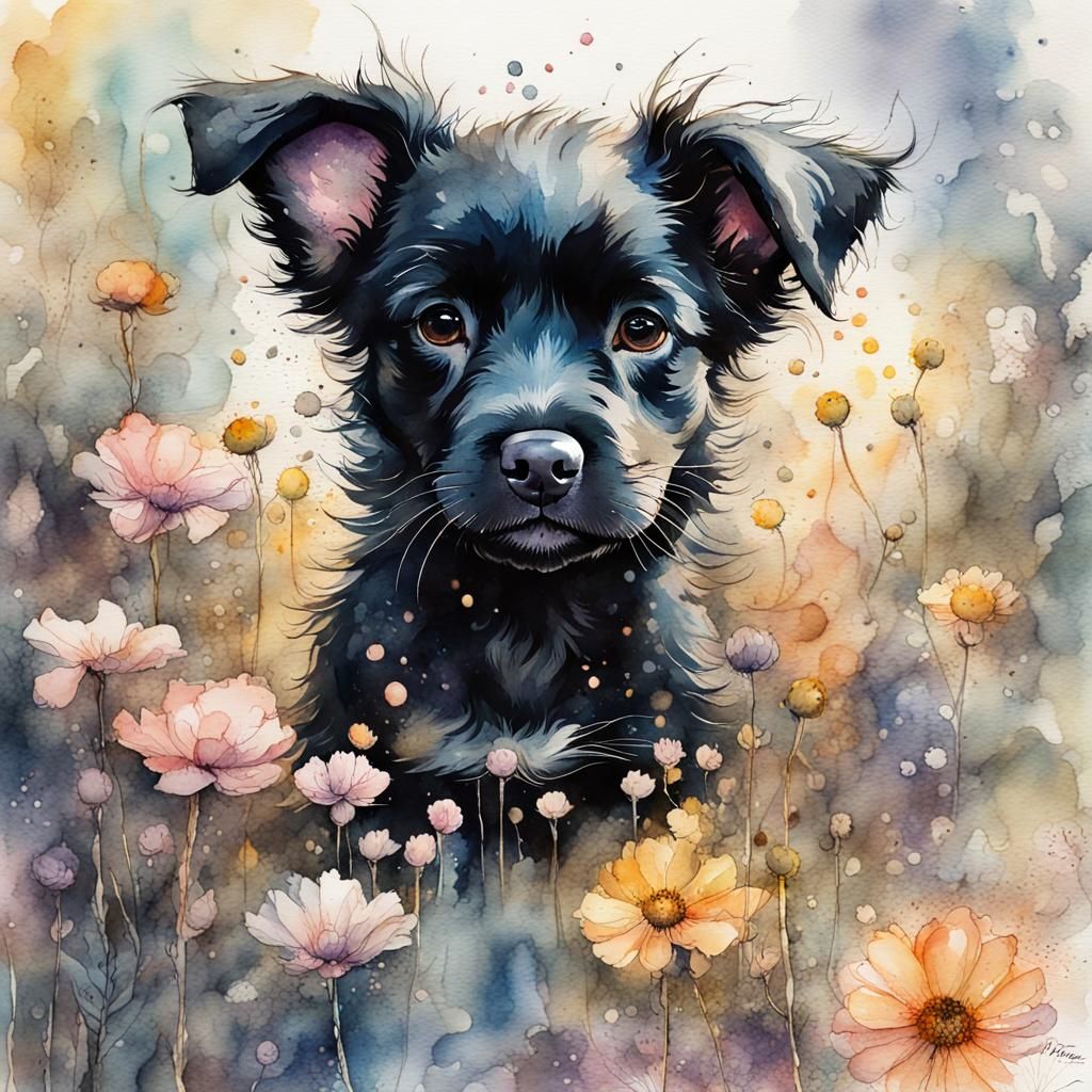 Watercolor Puppy in Whimsical Wonderland