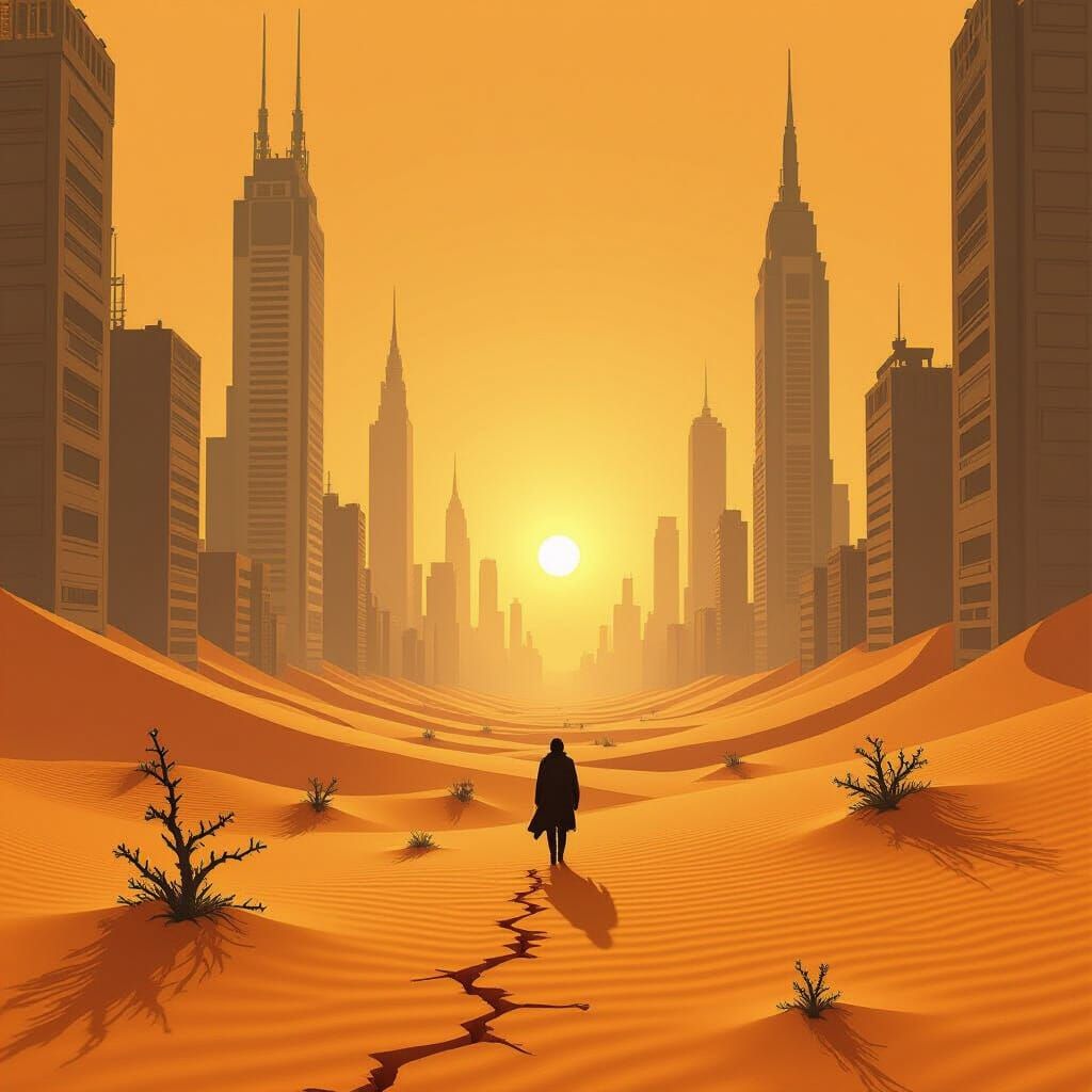 Deserted Metropolis Explored by Solitary Figure