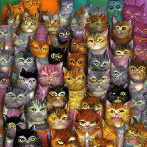 Cats in Colorful Chaos: A Detailed Illustration