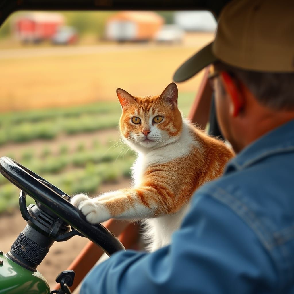 A cat driving a tractor on a farm