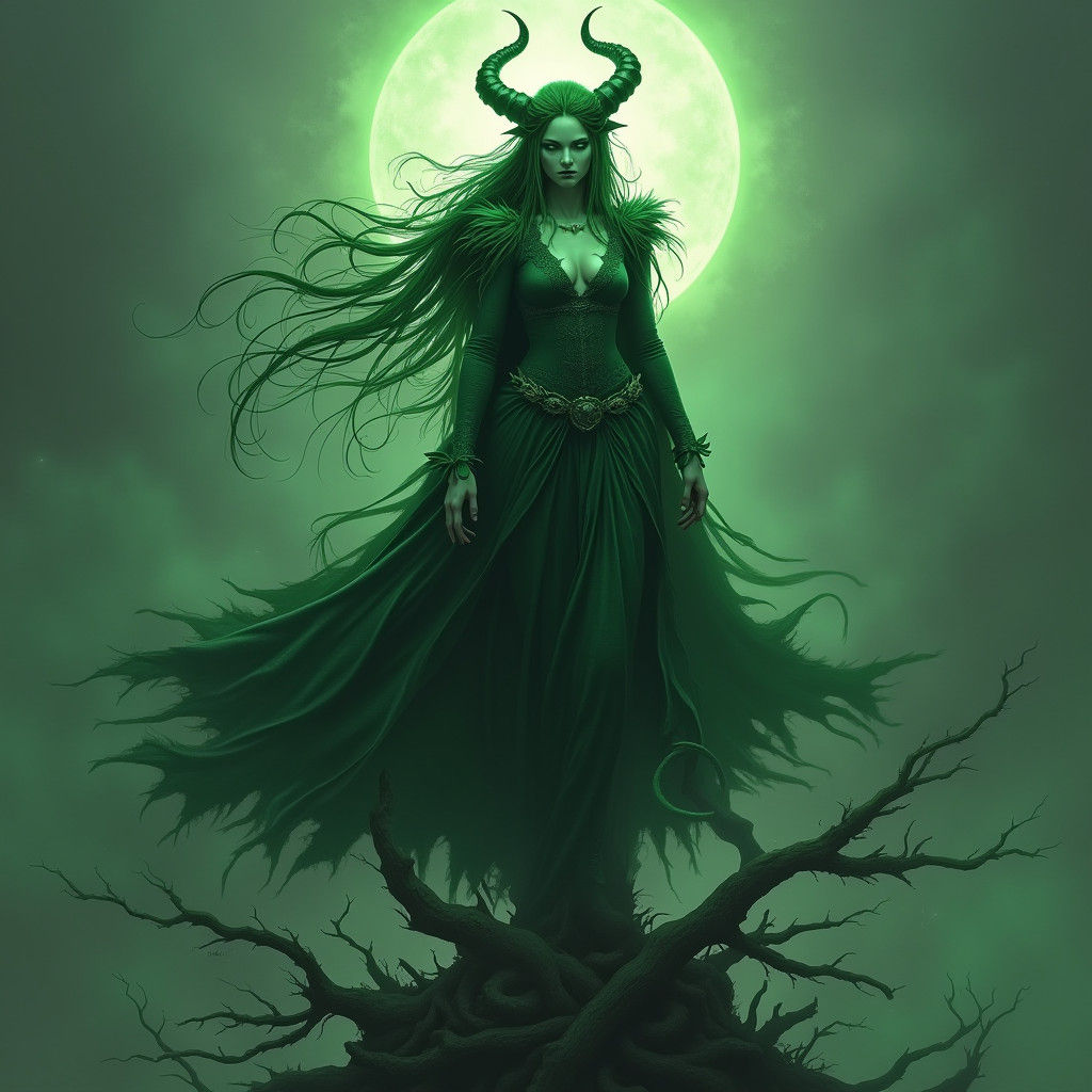 Emerald Demon Lady in Dark Fantasy Style