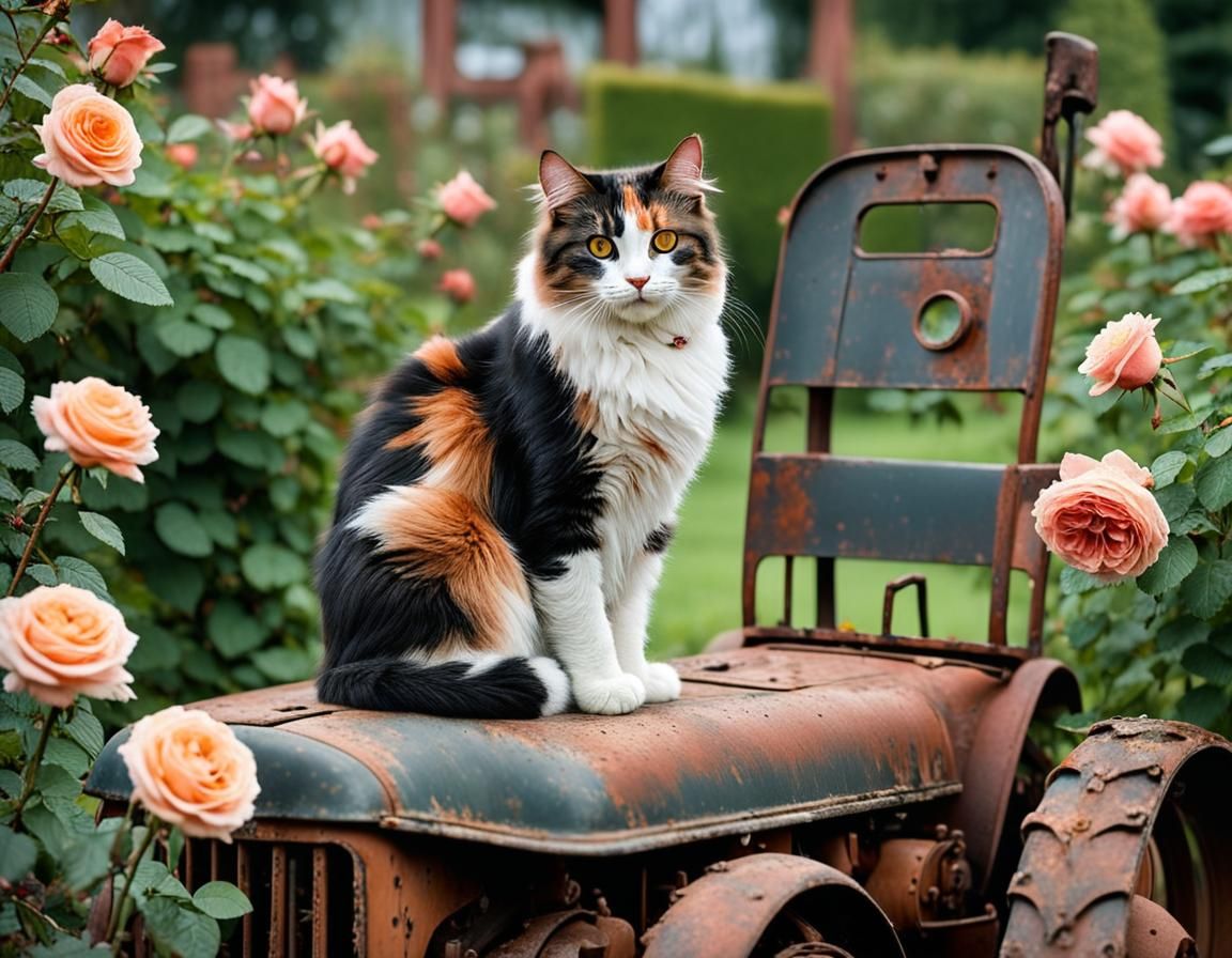 Calico Cat on Rose-Covered Tractor in Garden