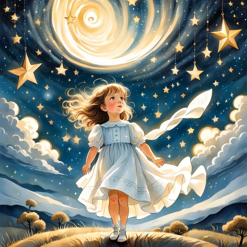 Girl Gazing at Stars: Majolica Storybook Illustration