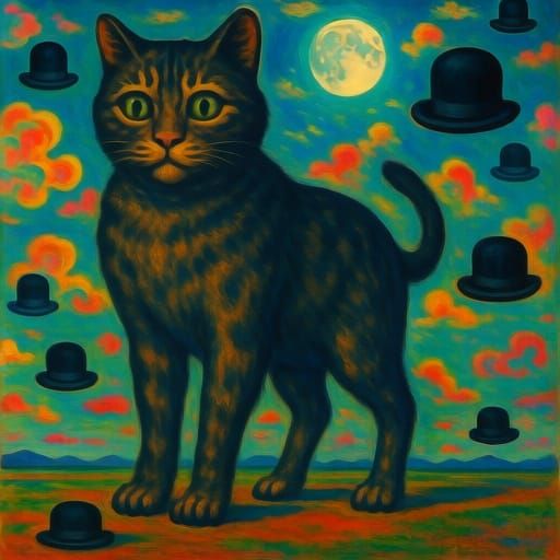 Giant Surrealist Cat Amidst Floating Hats and Clouds