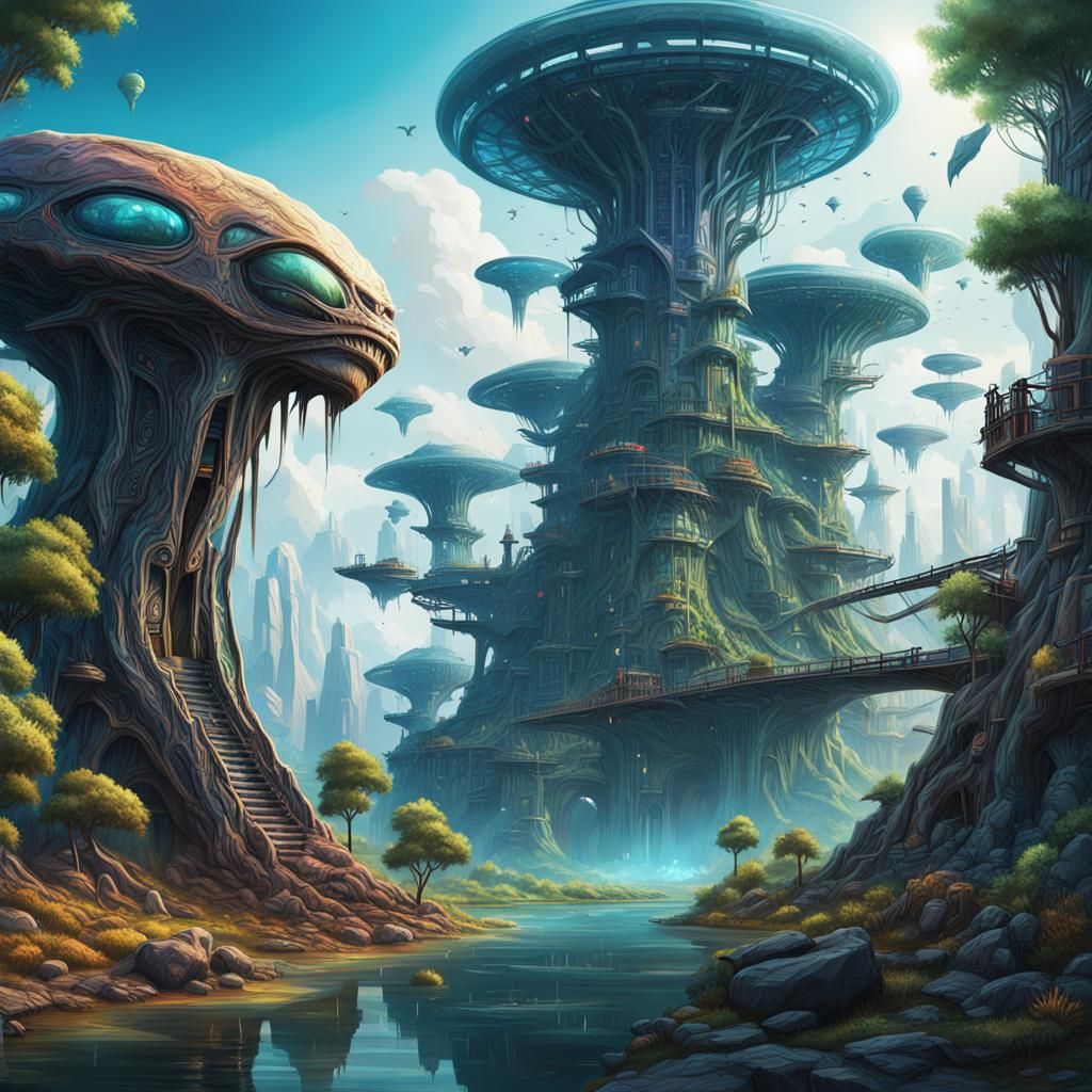 Hyperrealistic Arboreal Alien Settlement Concept Art