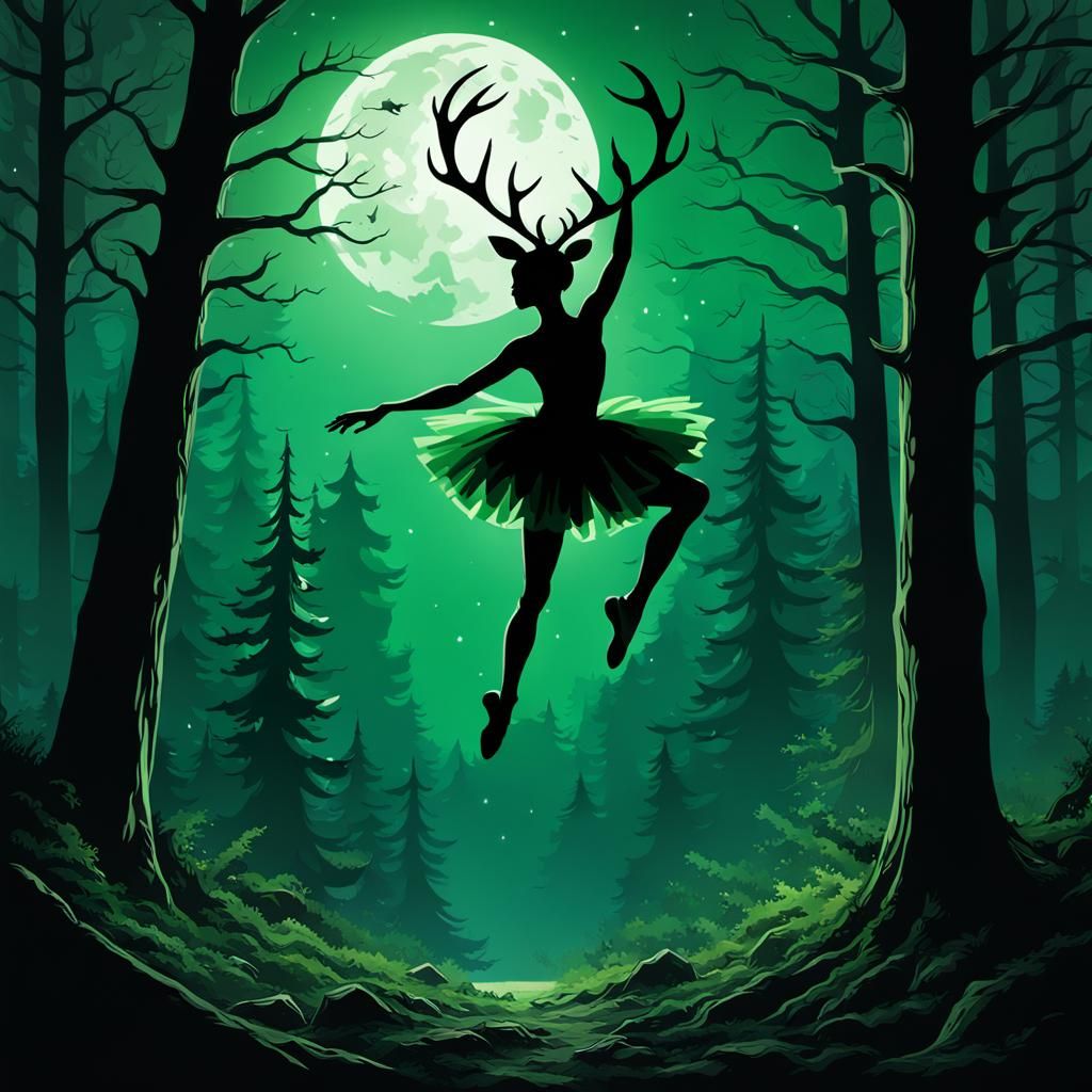 Ballerina with Antlers Leaping in Forest Silhouette