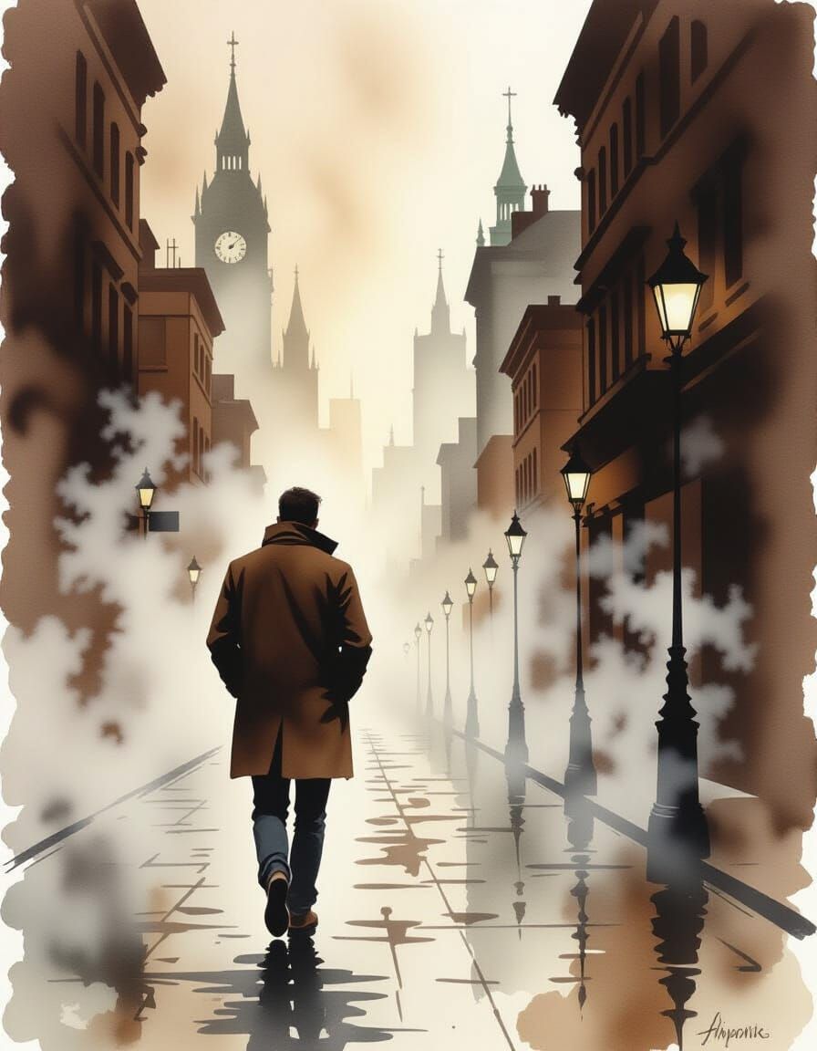 Man Walks Alone in Foggy Decadent City, Alcohol Ink Style