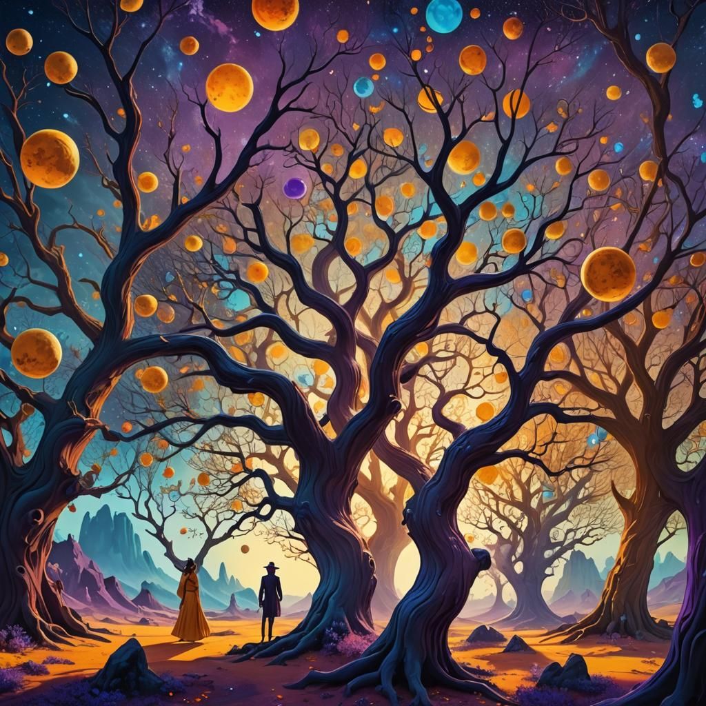 Surreal Cosmic Riders Under Crystalline Tree