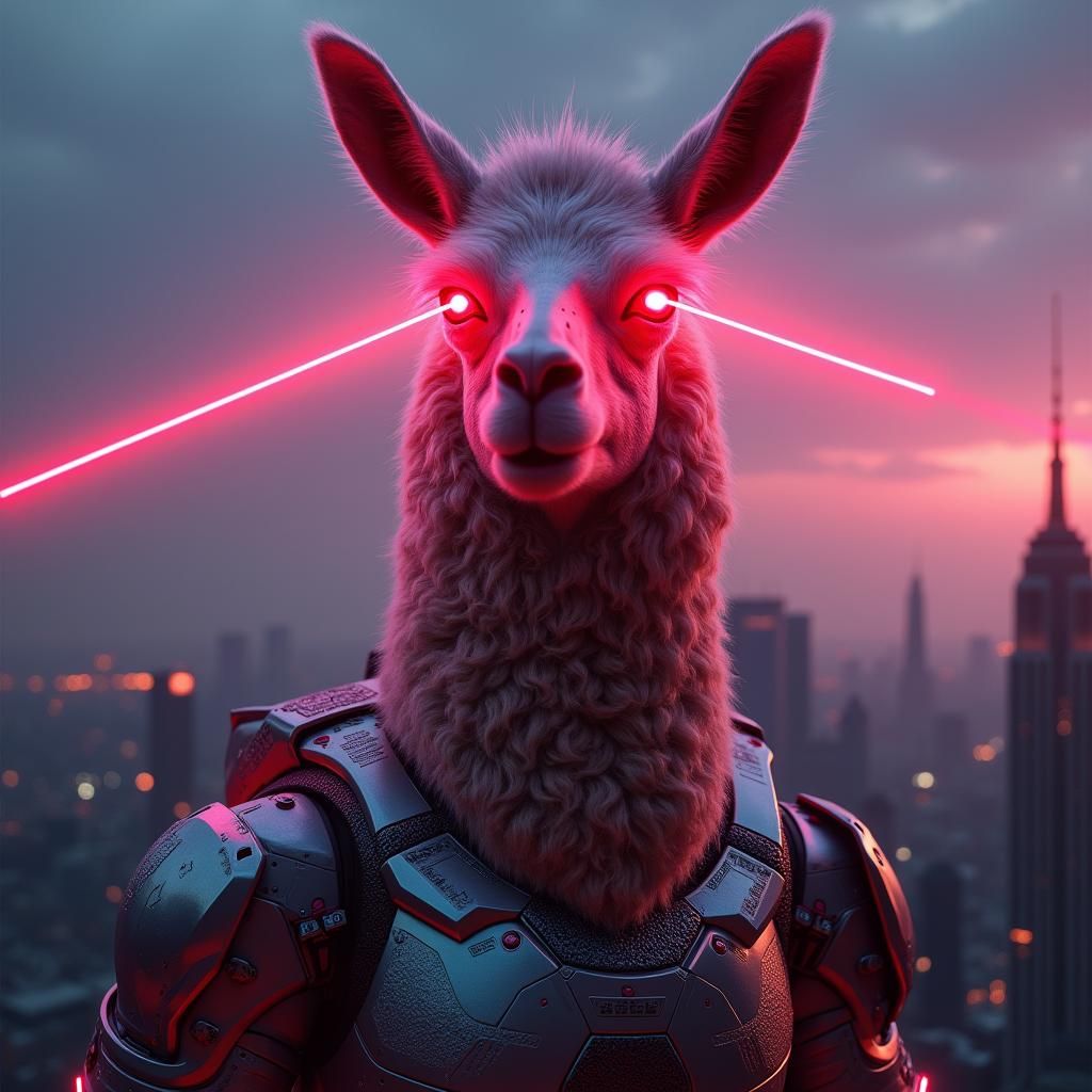 Cyberpunk Llama with Laser Eyes in Neon Cityscape
