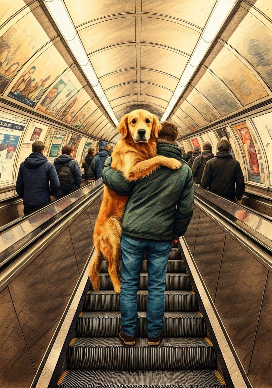 London Commuter Comforts Fearful Dog on Escalator