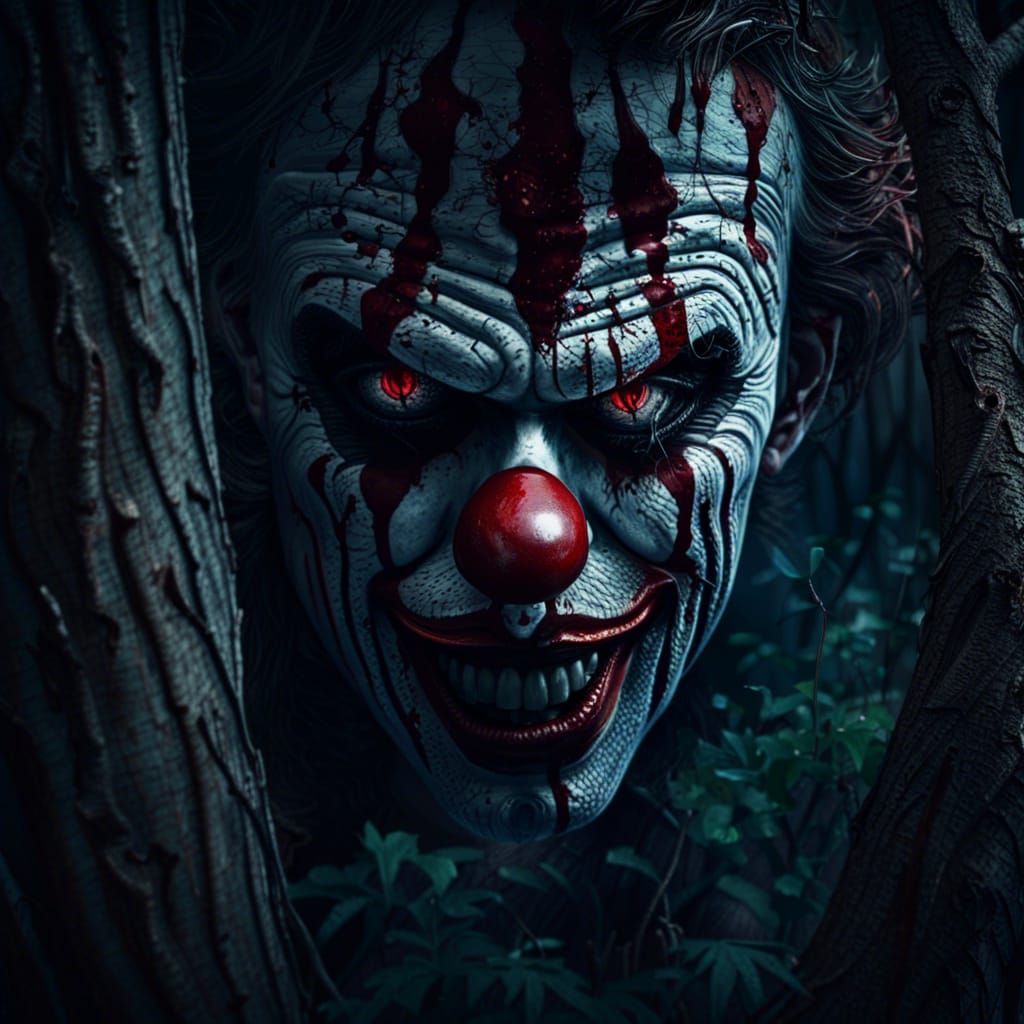 Eerie Horror Clown Hiding in Forest
