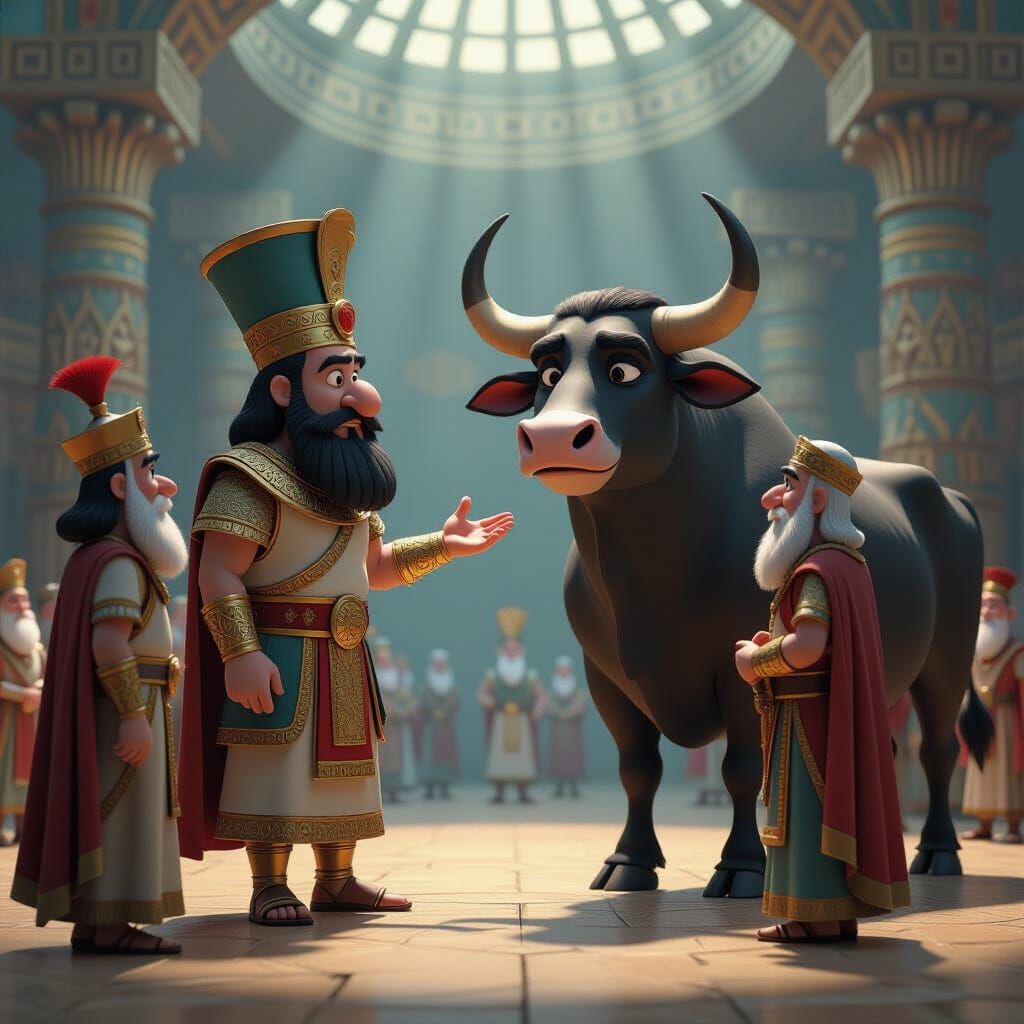 Assyrian King Argues with Advisors in Cartoon Style