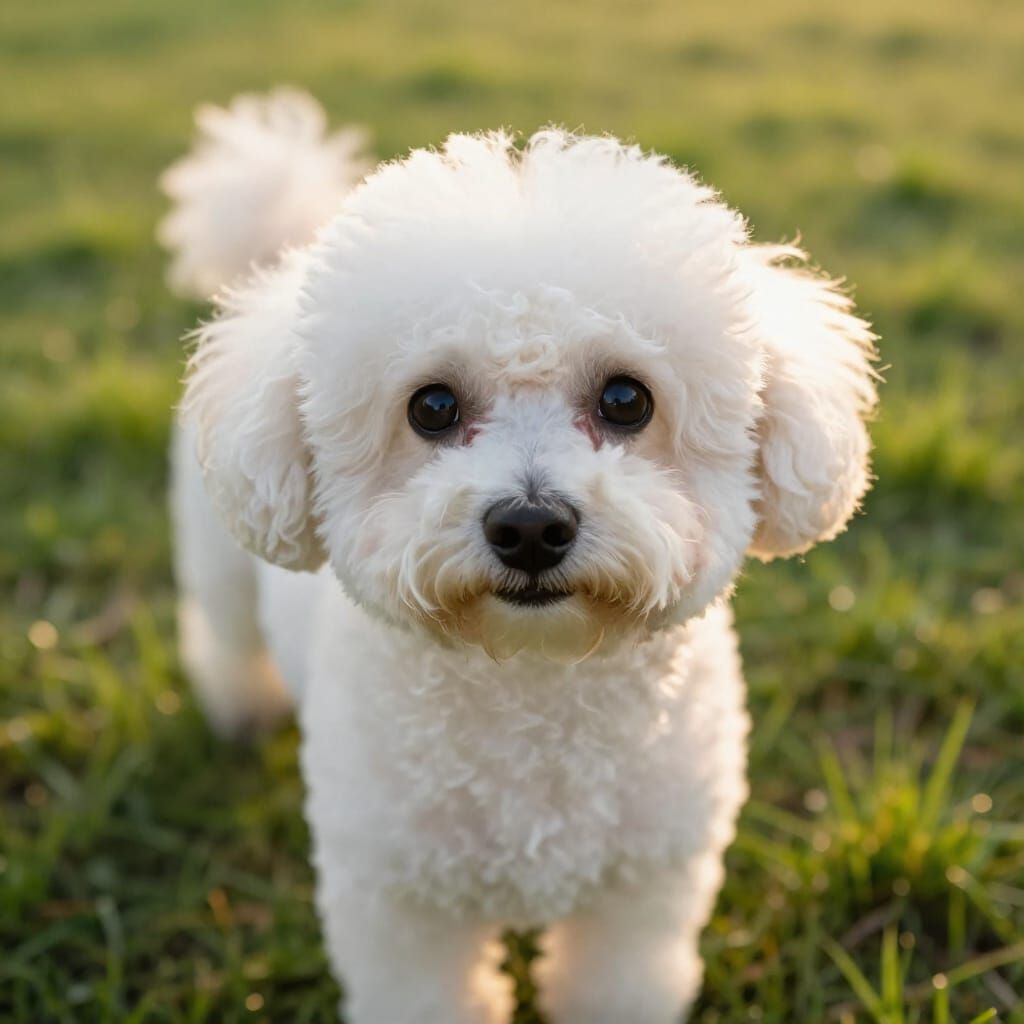 Fluffy White Poodle with Soulful Eyes on Green Lawn