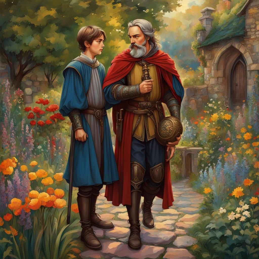 Medieval Father and Son in Anime Fairytale Garden